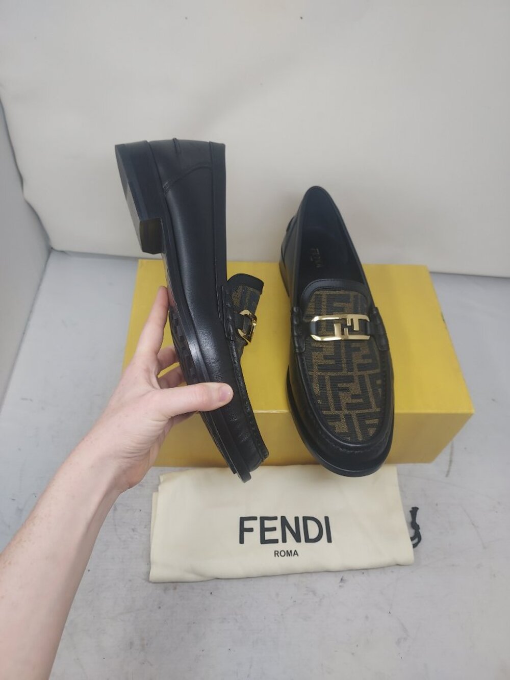 FENDI Brown Monogram Mens O'Lock Leather Loafer Shoe